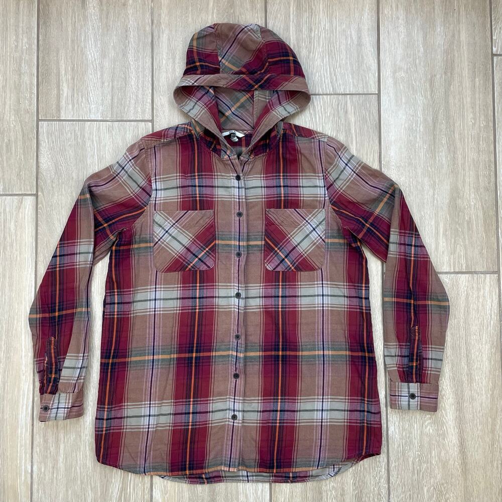 BKE Hooded Flannel Shirt Womens Medium Plaid Button Up Lightweight Shacket